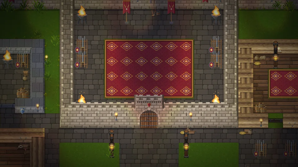 The keep at night, lit by braziers